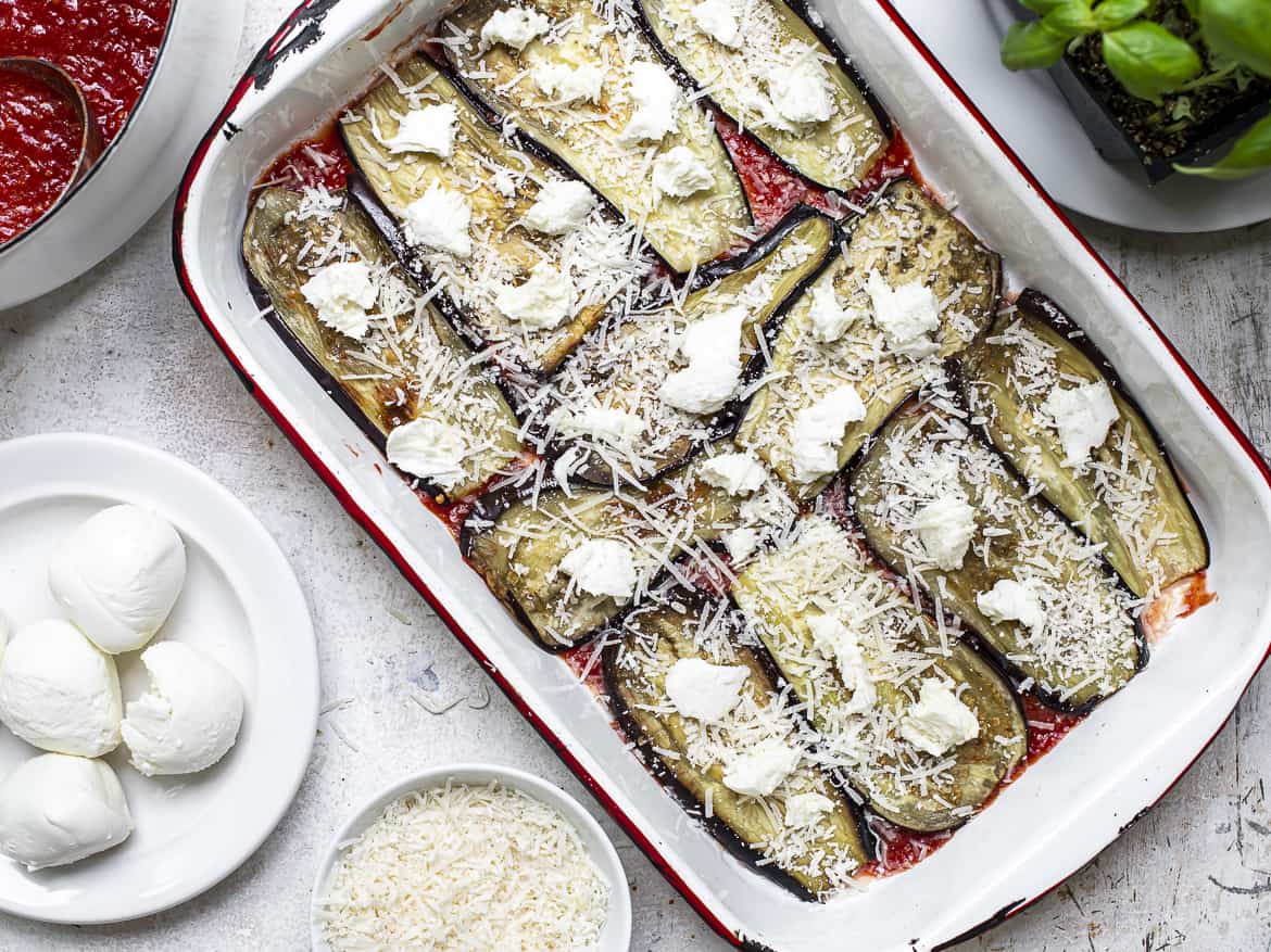 Assembling the eggplant parmesan