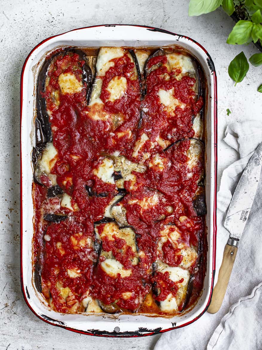 Baked eggplant parmesan resting