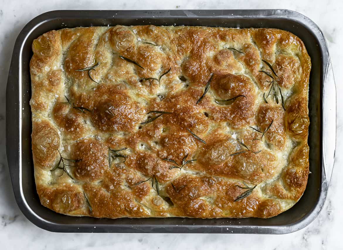 Baked No knead focaccia looking pretty in the pan