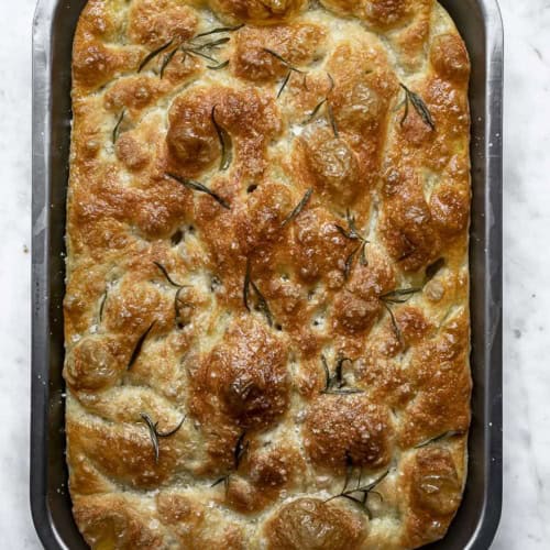 Baked No knead focaccia looking pretty in the pan