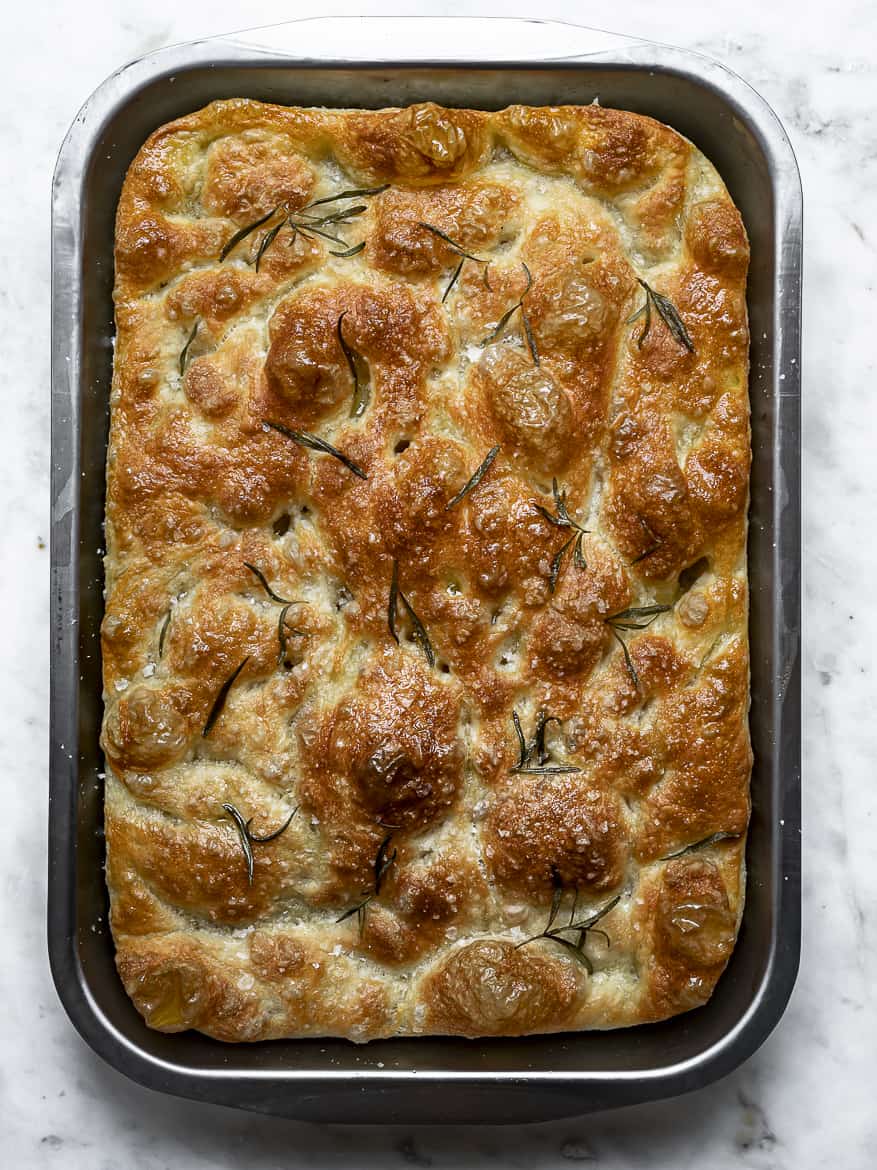 Baked No knead focaccia looking pretty in the pan