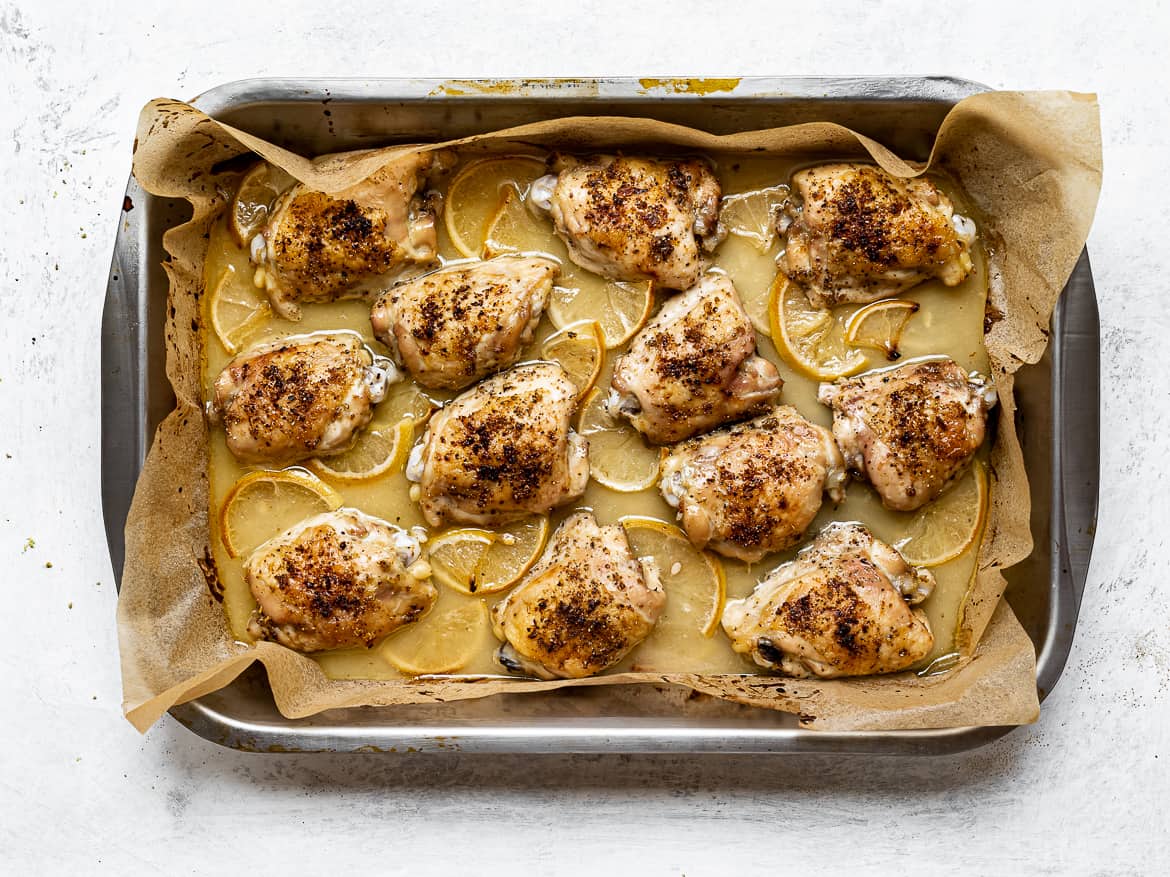 Baked Lemon Chicken Thighs in baking pan