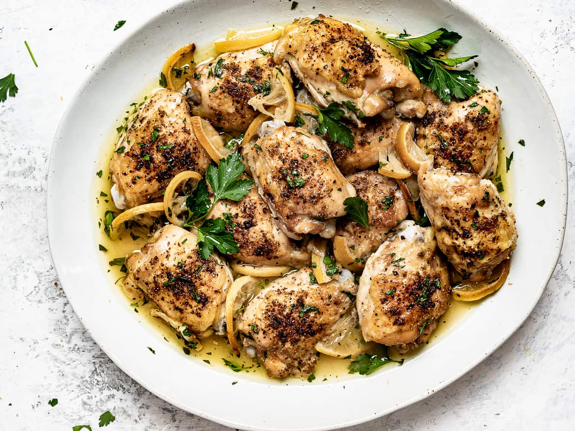 Baked Lemon Chicken Thighs served on platter