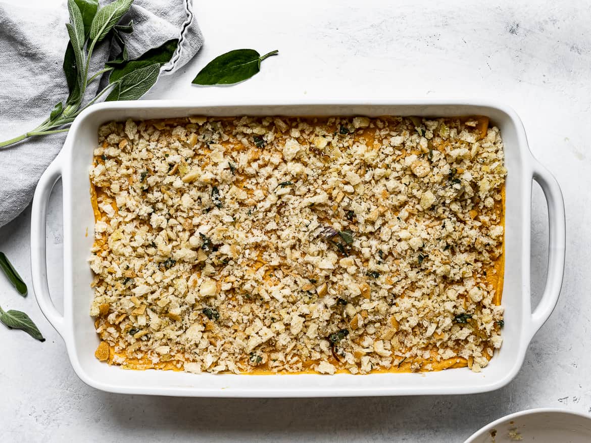 sweet potato casserole with breadcrumb topping before baking