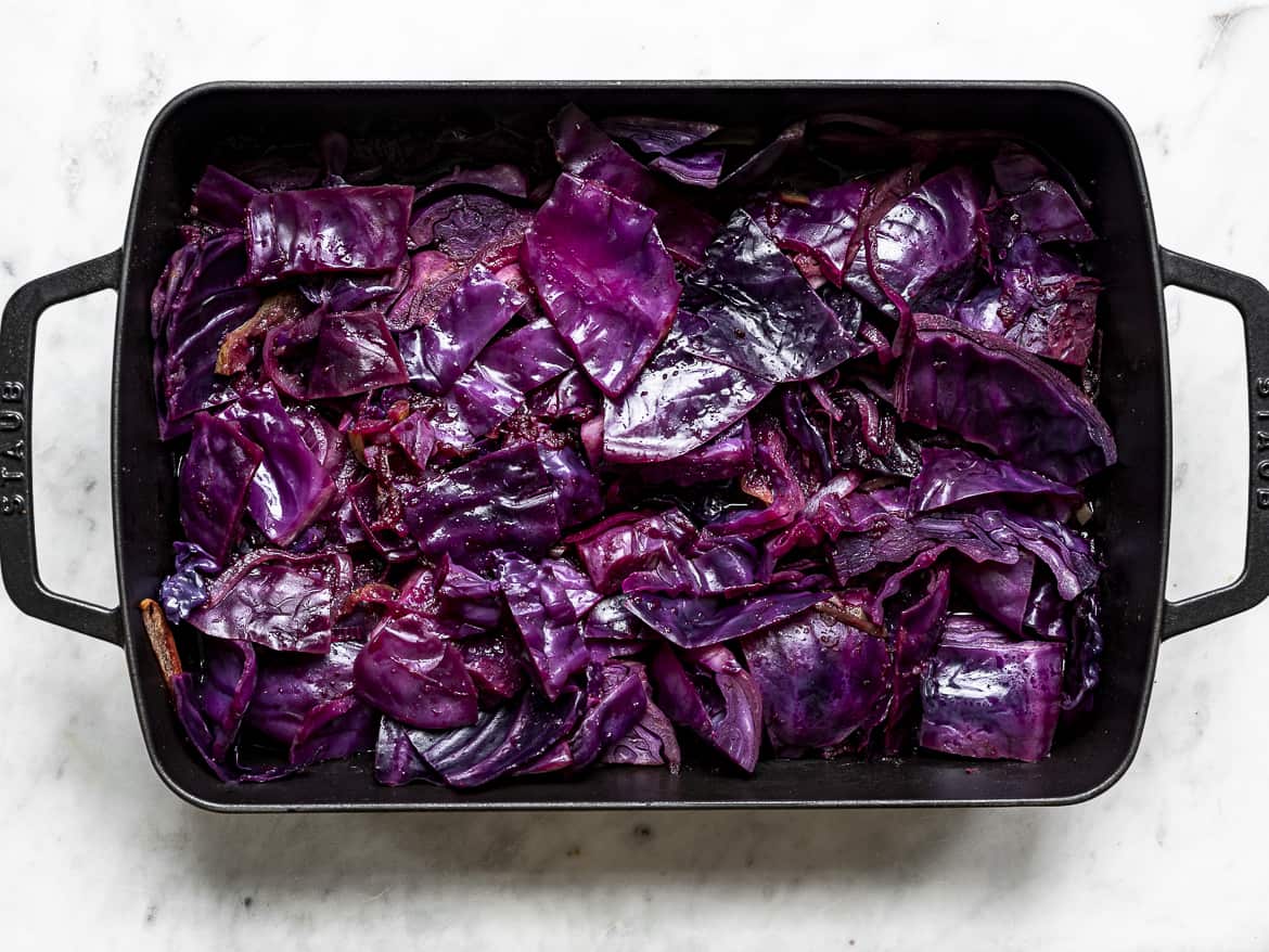 Braised red cabbage in roasting pan