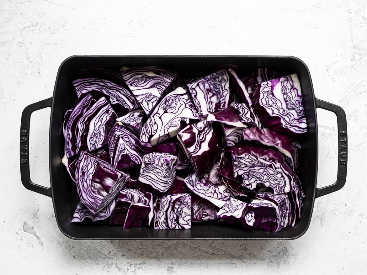 Chopped red cabbage in roasting pan