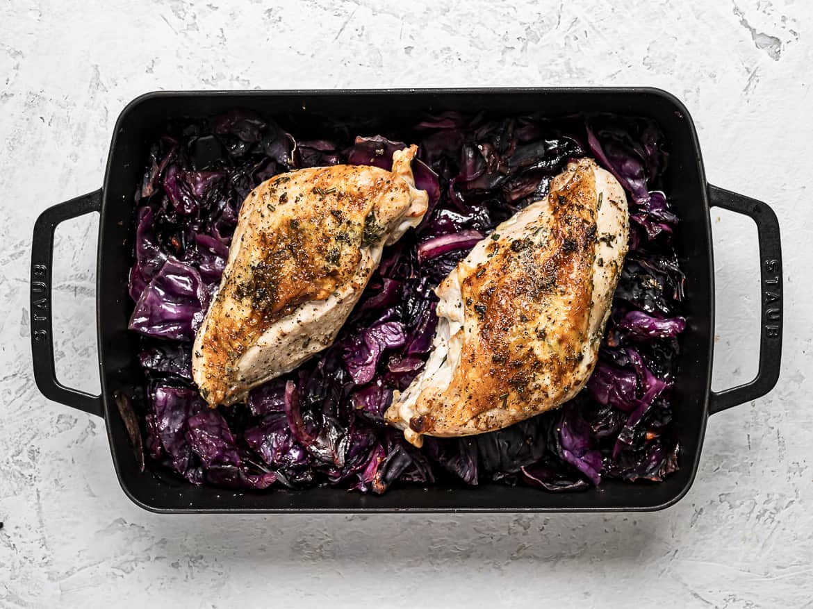 Roast Turkey Breast on top of Braised Red Cabbage in roasting pan