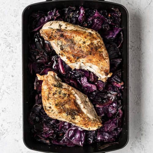 Roast Turkey Breast on top of Braised Red Cabbage in roasting pan