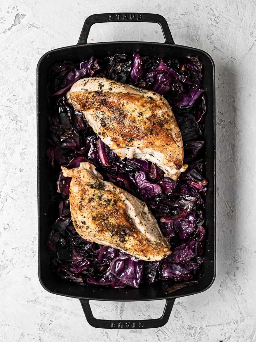 Roast Turkey Breast on top of Braised Red Cabbage in roasting pan