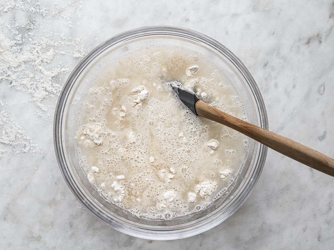 Adding water to flour mixture