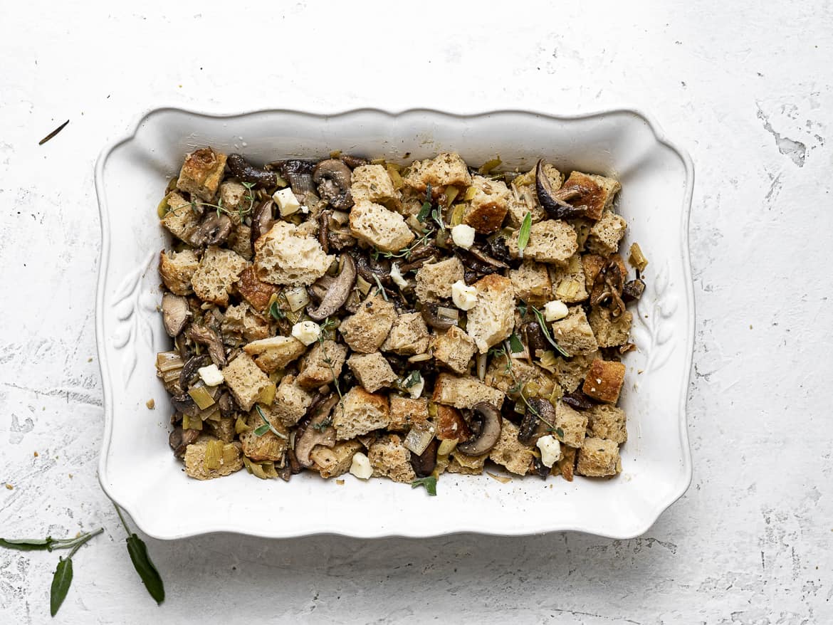Pre baked Wild Mushroom Focaccia Stuffing in casserole