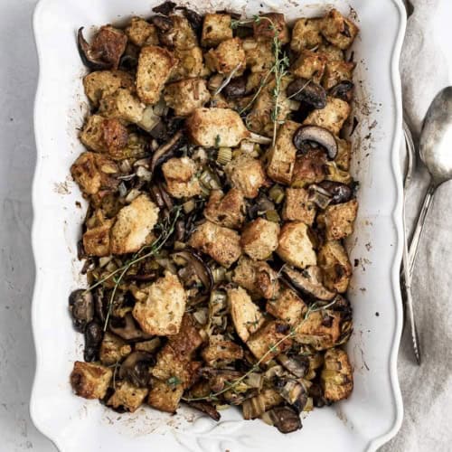 Wild Mushroom Focaccia Stuffing looking scrumptious in casserole