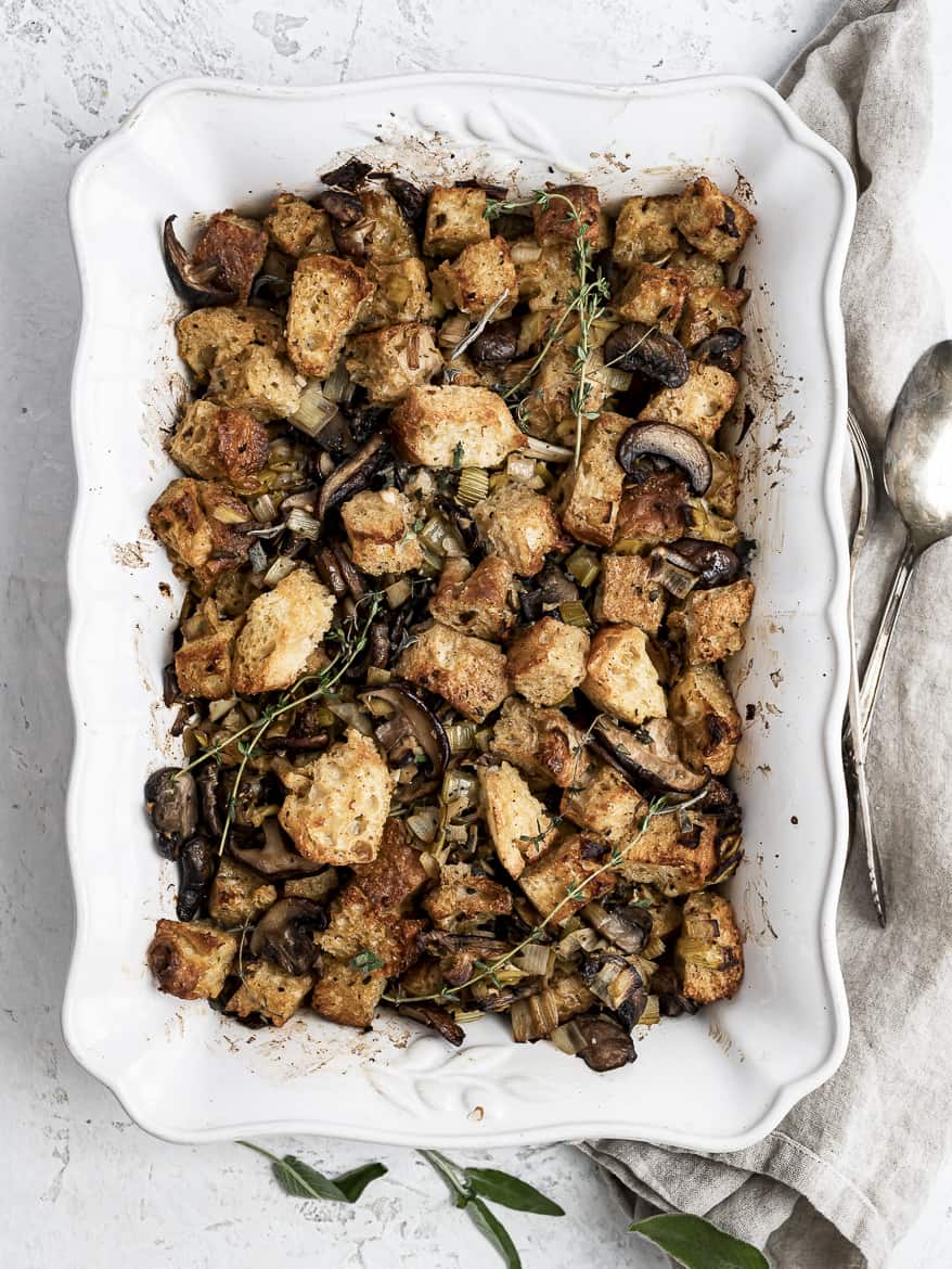 Wild Mushroom Focaccia Stuffing looking scrumptious in casserole