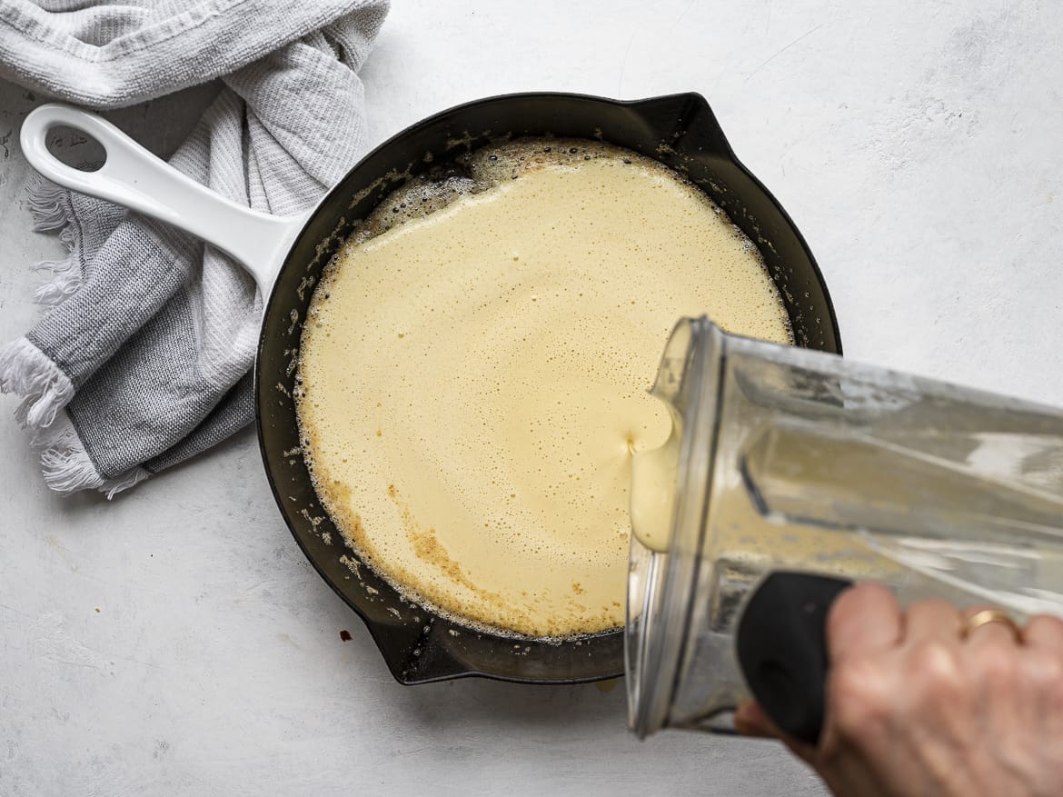 Pouring batter into hot skillet