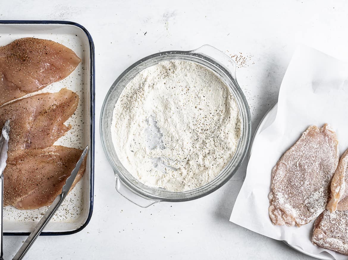 dredging chicken in flour