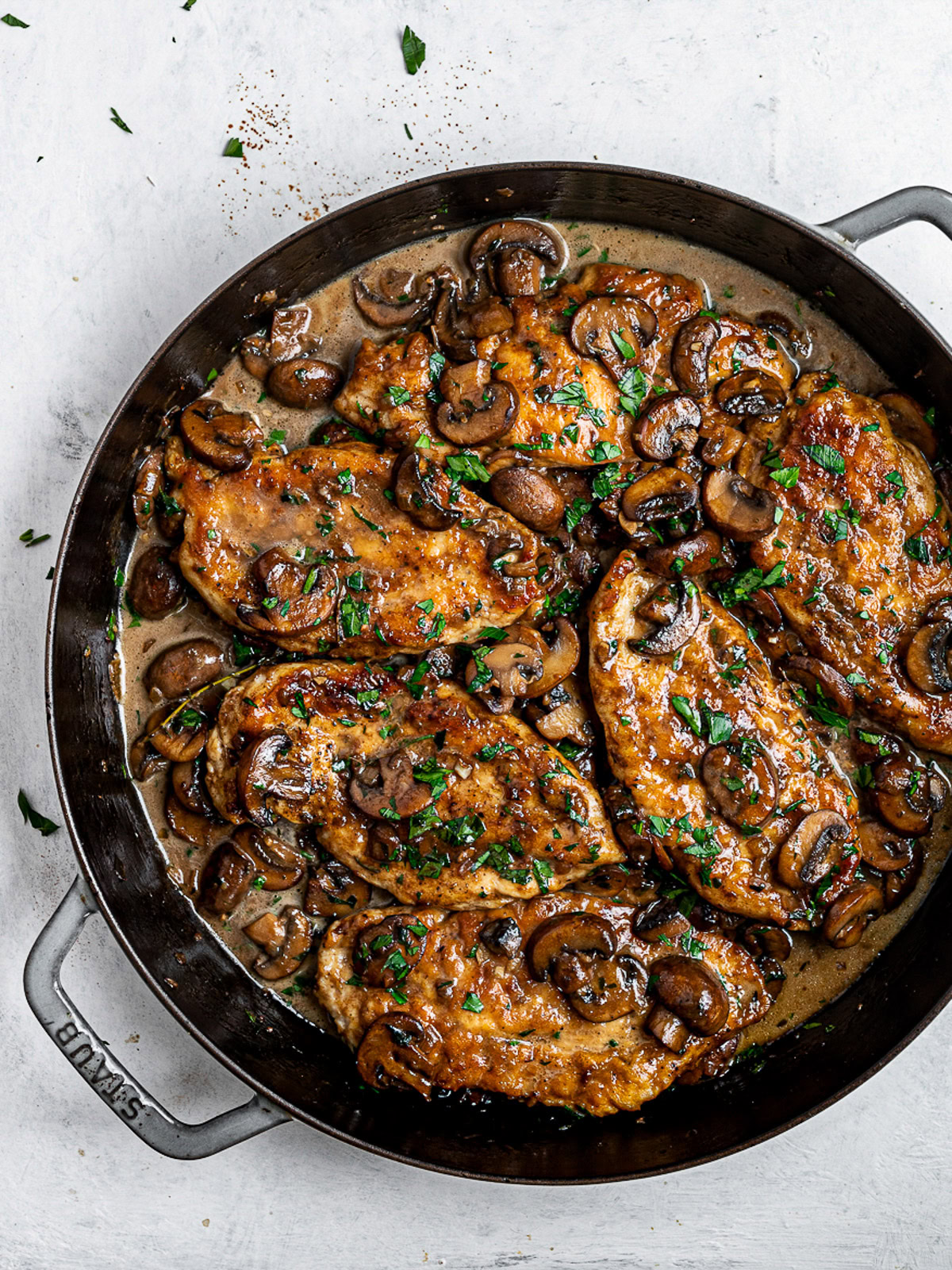 Close up of Marsala Chicken in pan