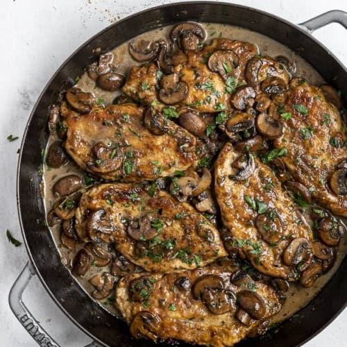 Close up of Marsala Chicken in pan