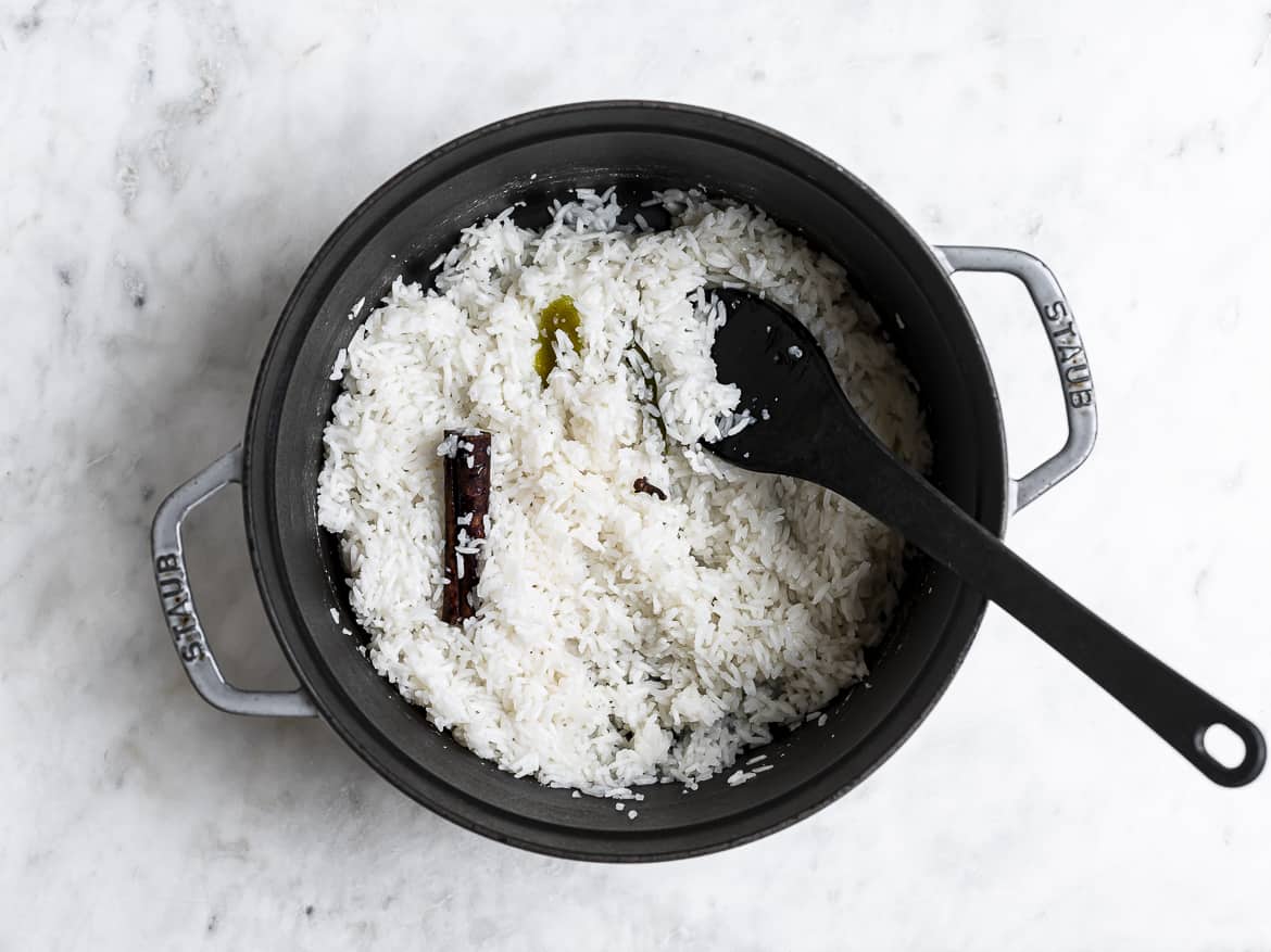 Cooked rice in pot