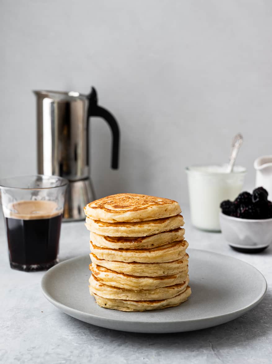 fluffy yogurt pancakes stack on plate without maple syrup