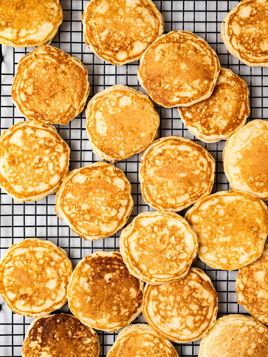 Fluffy yogurt pancakes on wire rack