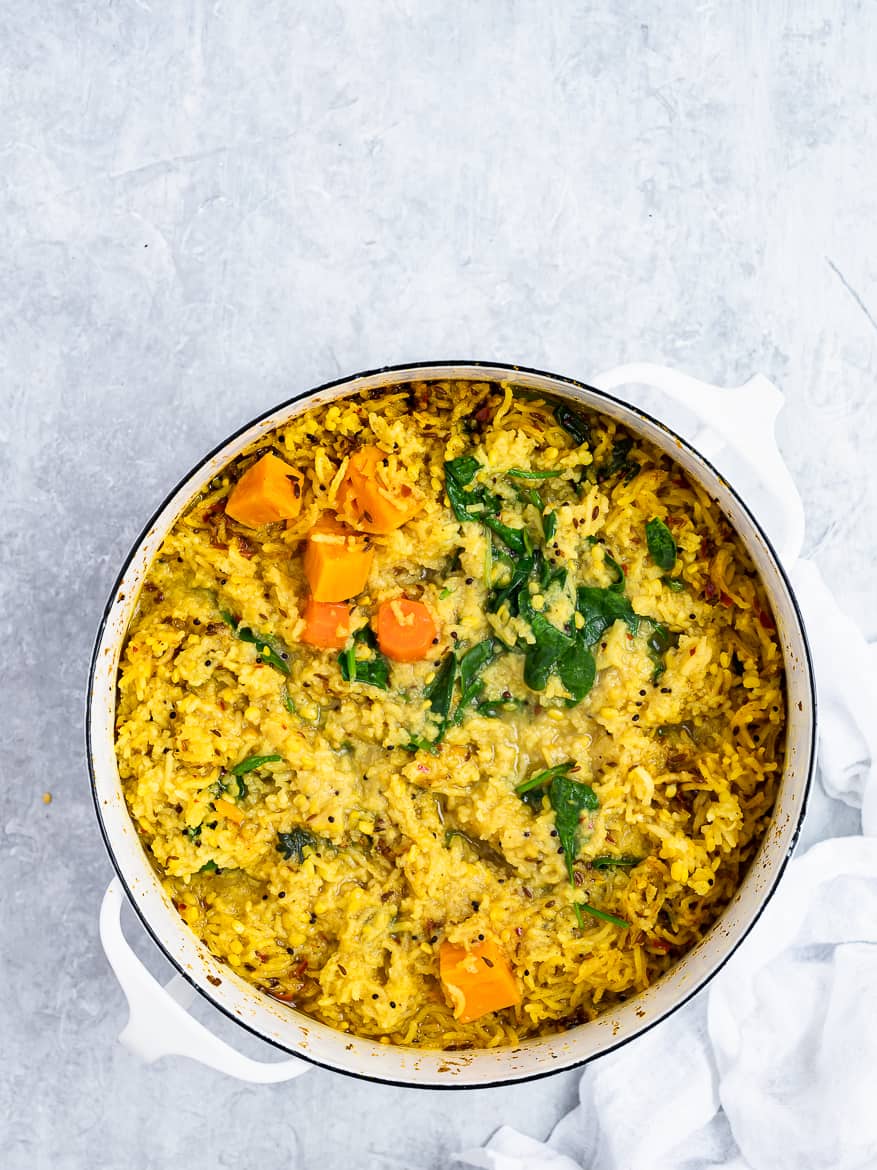 Khichdi with vegetables in pot 