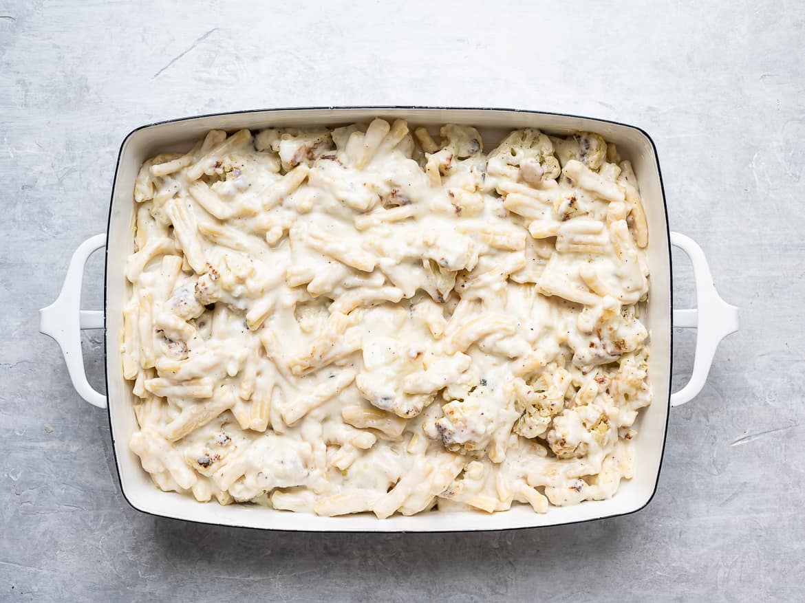 Mac and cheese with cauliflower in baking dish