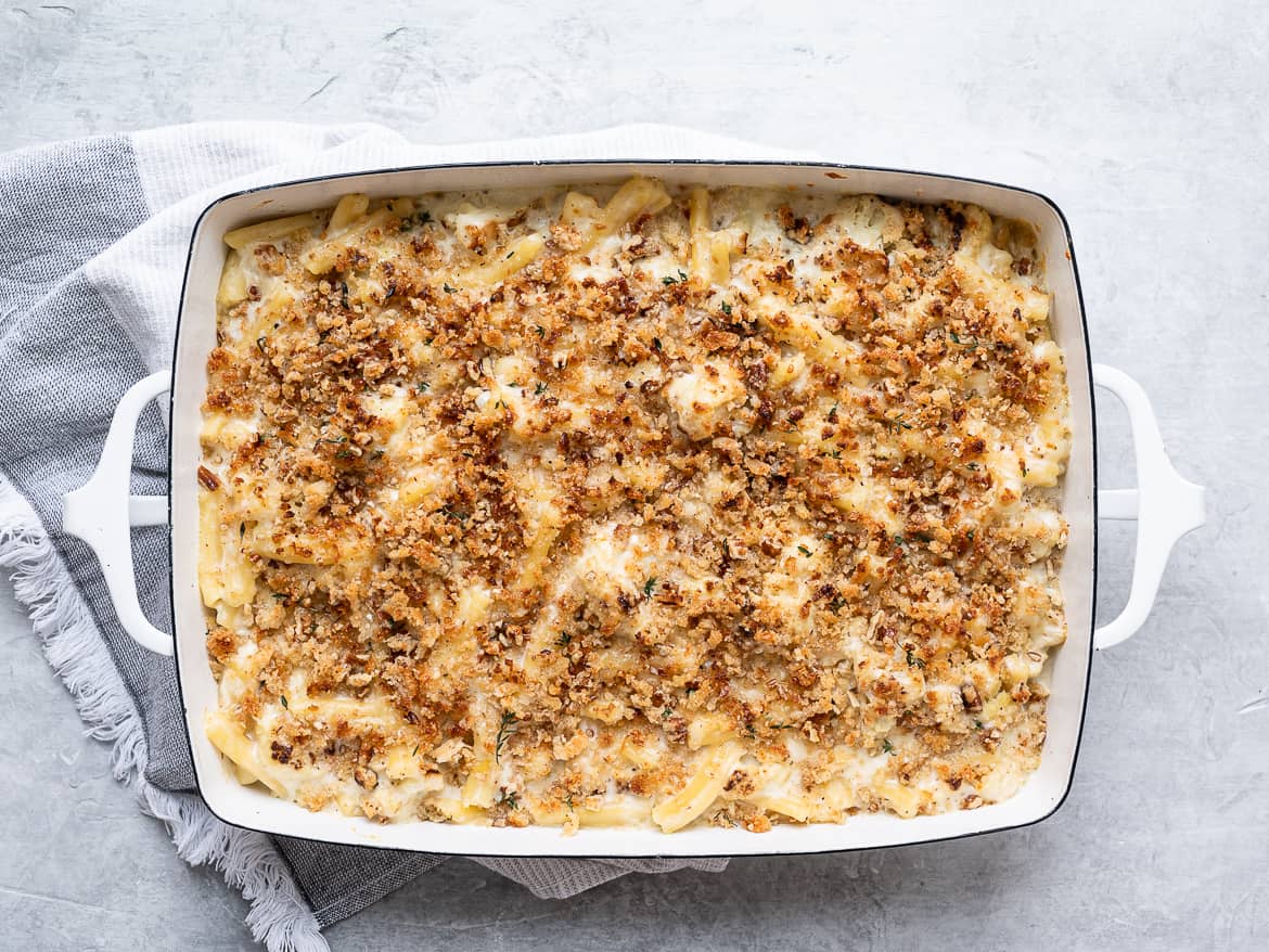 Baked Mac and Cheese with Cauliflower in casserole