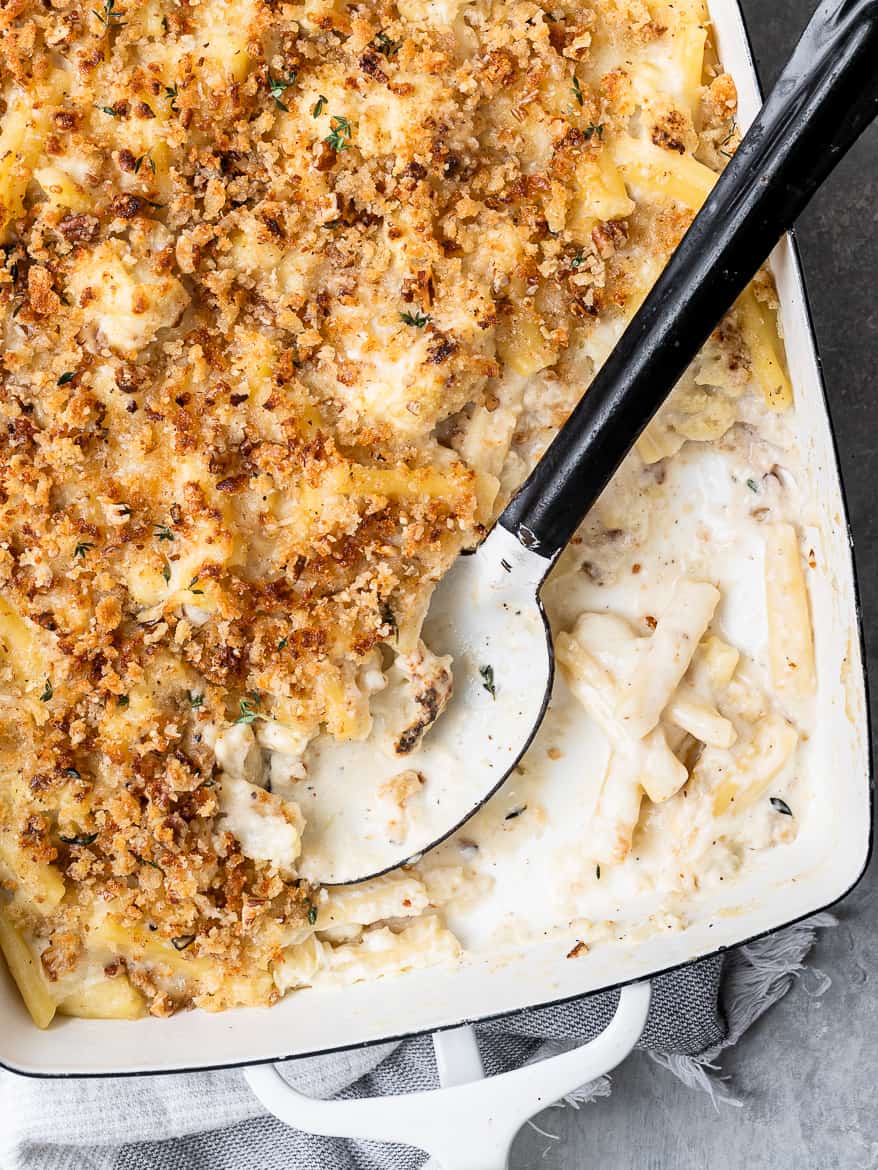 close up of Serving Baked Mac and Cheese with Cauliflower 