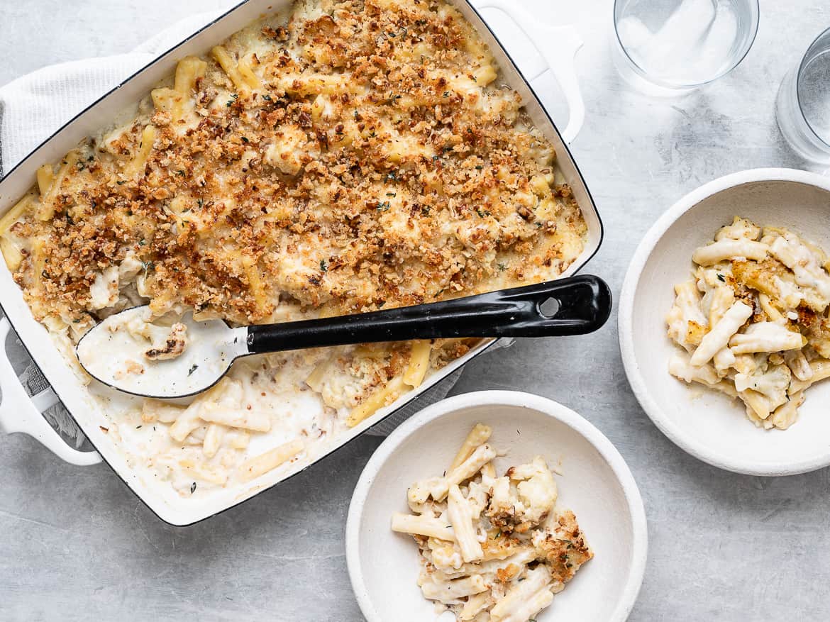 Serving Baked Mac and Cheese with Cauliflower in bowls