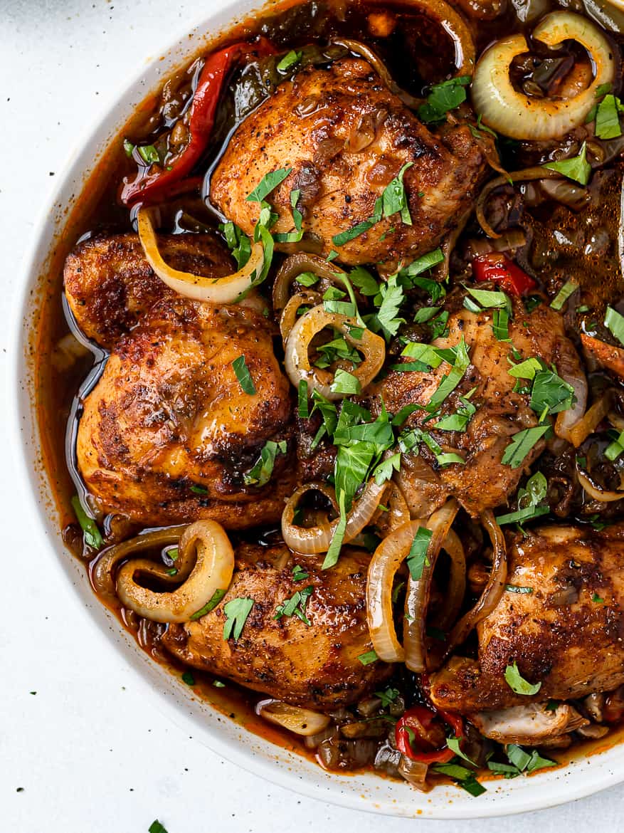 Close up of Instant Pot Chicken thighs on platter 