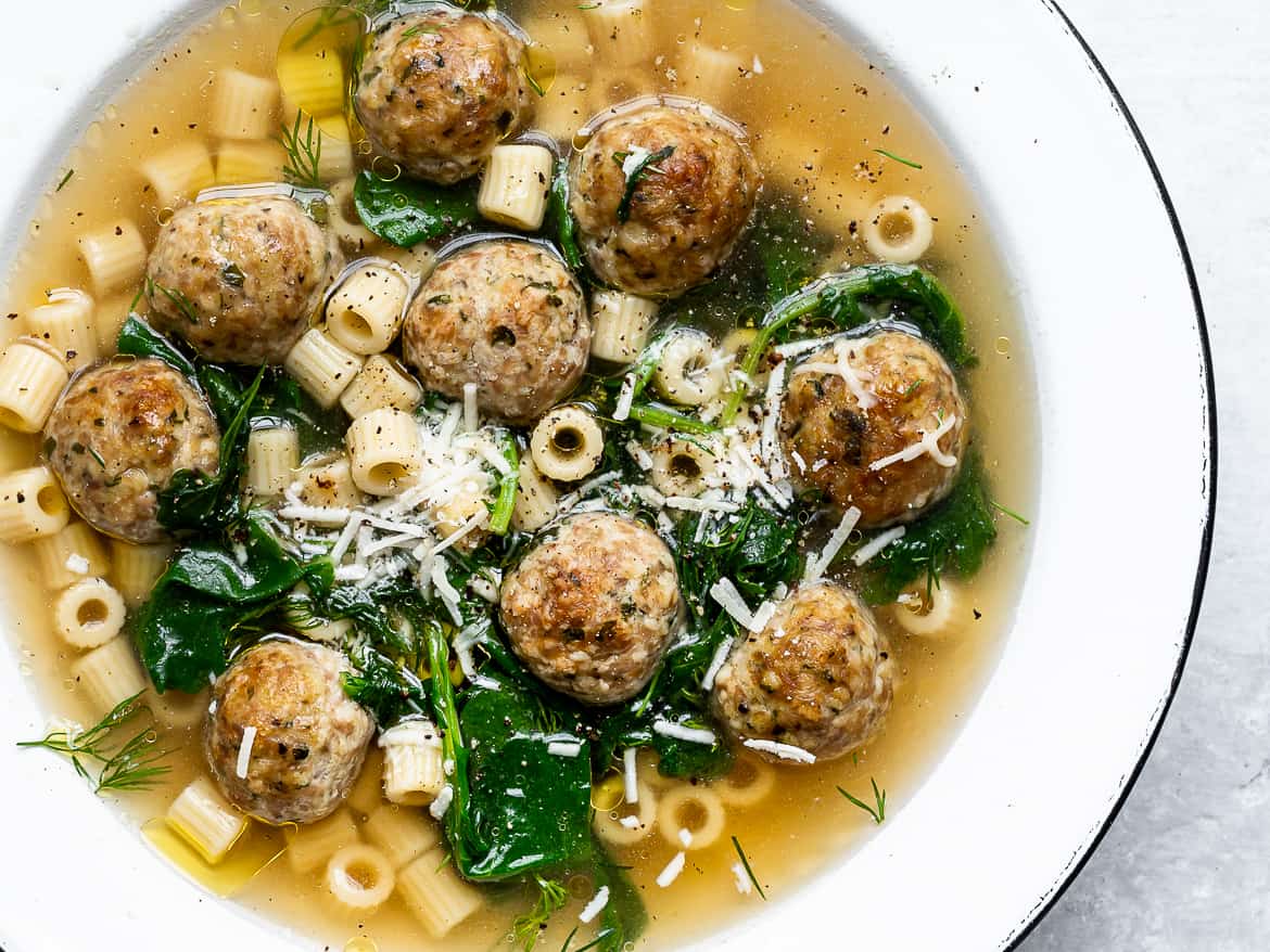 Close up of Italian Wedding soup served in bowl.