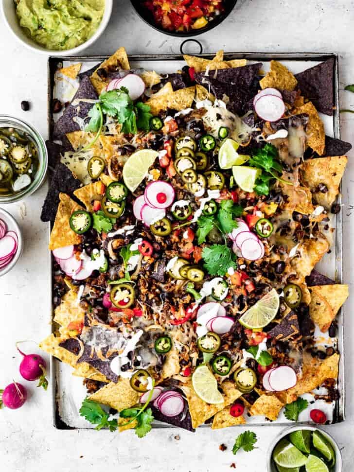 Chorizo and Black Bean Nachos on sheet pan