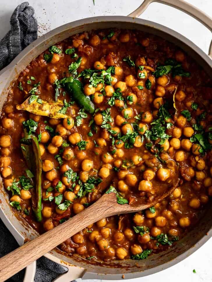 close up of Chana Masala cooked in skillet