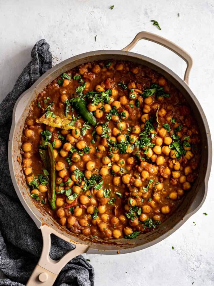 Cooked Chana Masala in skillet 