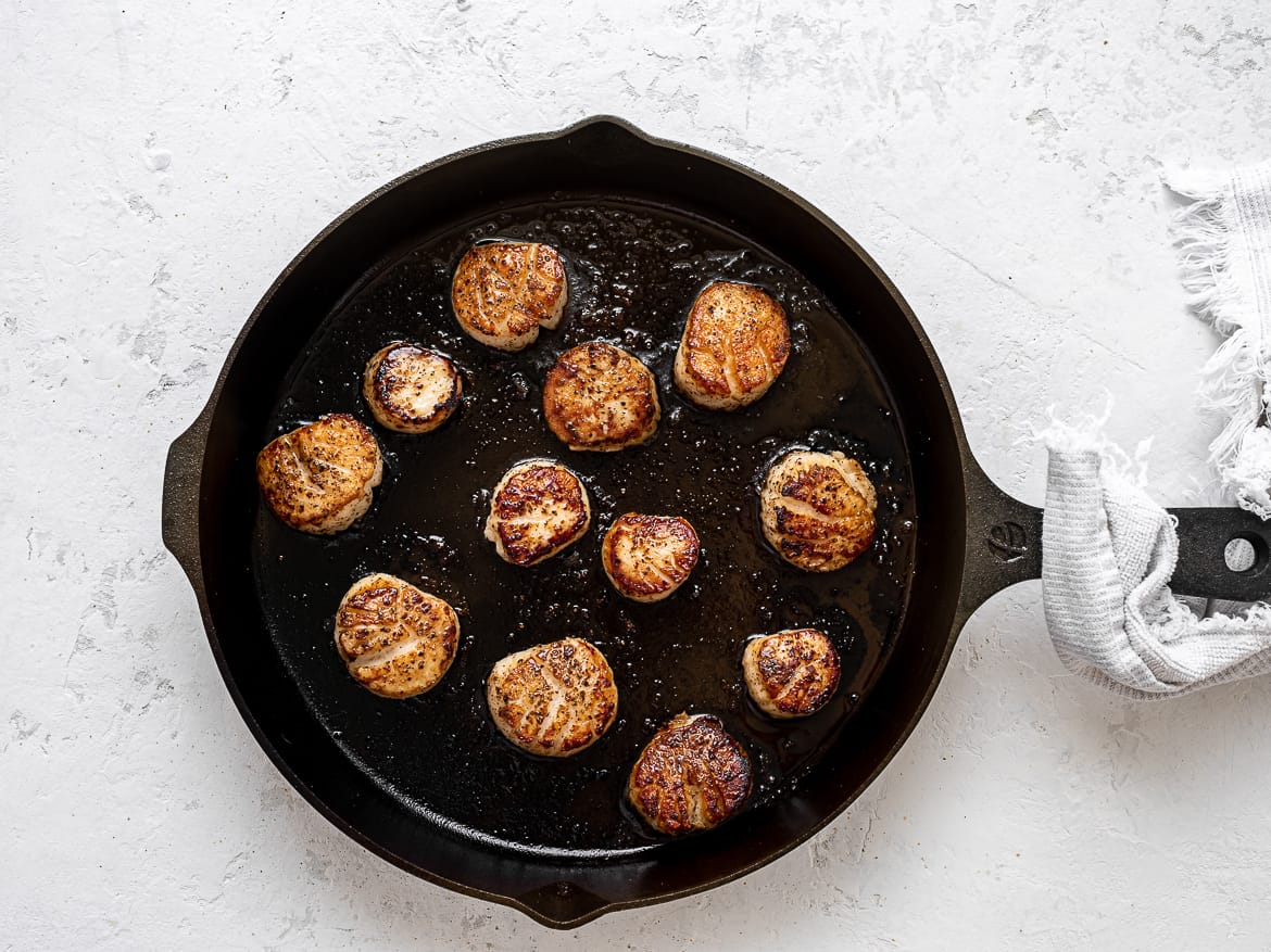 Seared scallops in skillet