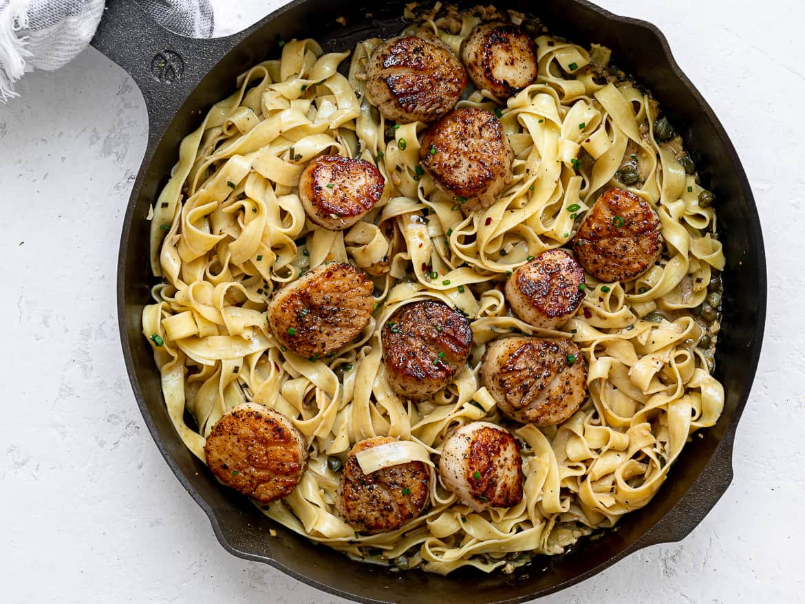 Pan Seared Scallops with Lemon Pasta served in skillet