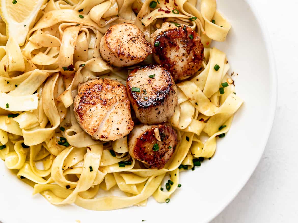 close up of Pan Seared Scallops with Lemon pasta in bowl