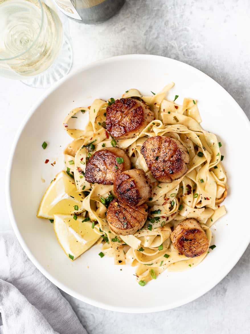 close up of Pan Seared Scallops with Lemon pasta in bowl