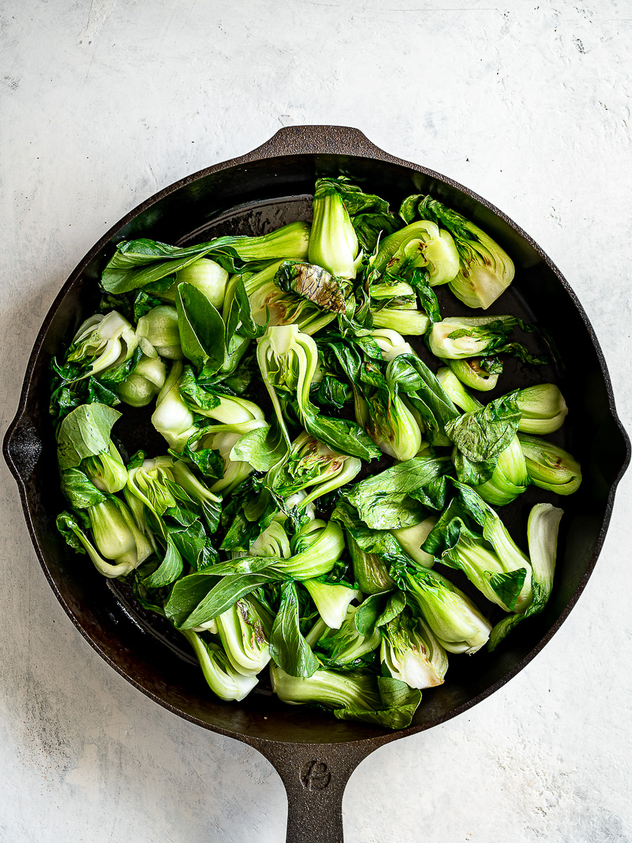 Sautéed Bok Choy in skillet.
