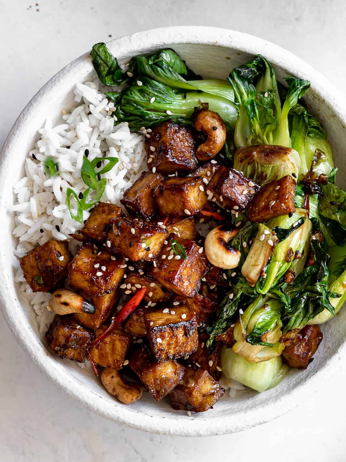 Tofu and Bok Choy stir fry in bowl