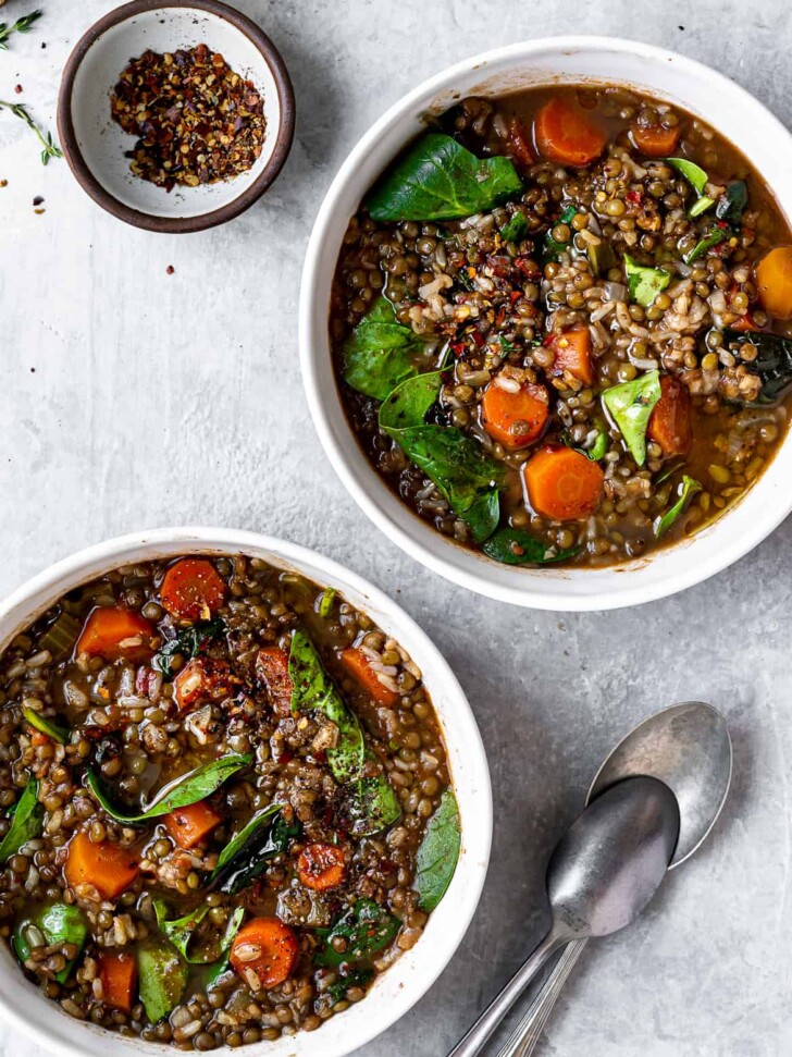Lentil and brown rice soup in two bowls
