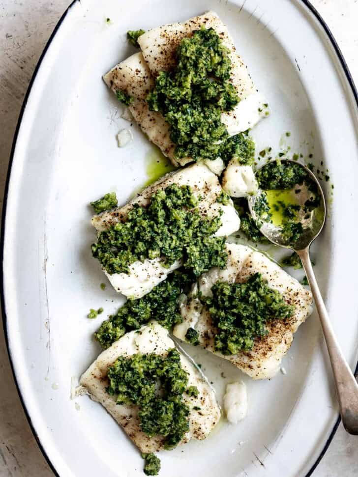 Baked Cod with Italian Salsa Verde - Sandra Valvassori