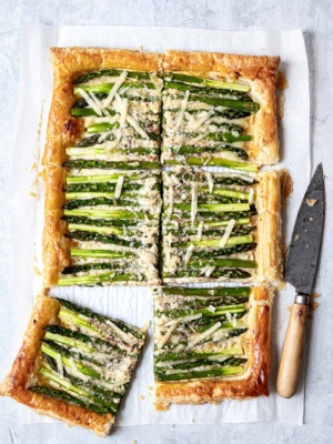 baked asparagus tart cut into 8 pieces
