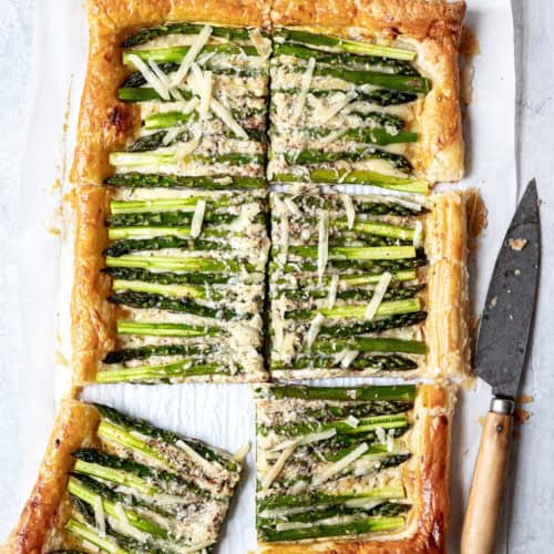baked asparagus tart cut into 8 pieces