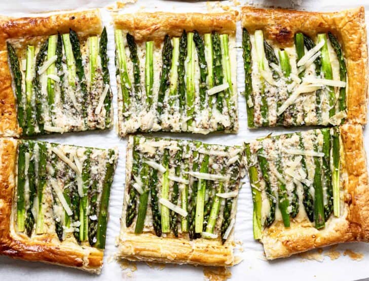 baked asparagus tart cut into 8 pieces