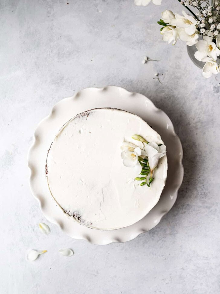 Top view of frosted grain-free carrot cake