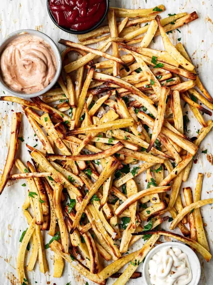 Crispy baked parsnip fries with dips