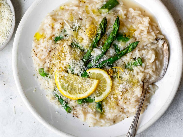 close up of Lemon Asparagus Risotto on plate
