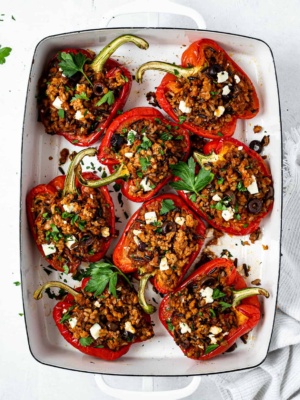Turkey stuffed peppers in baking dish