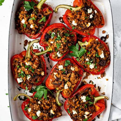 Turkey stuffed peppers in baking dish